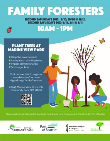 Flyer has graphics of a family with dark skin planting a tree. There is a butterfly and a ladybug.